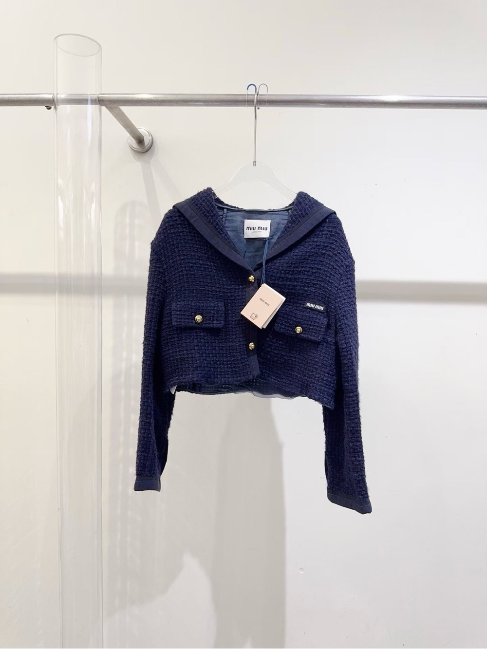 Miu Miu Navy Cropped Knit Hooded Blazer